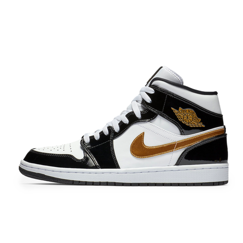 Jordan 1 Mid Patent Black White Gold